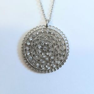 Silver Tone Round Filigree & White Stone Pendant